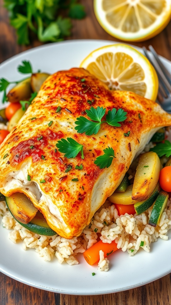 Zesty Spanish paprika tilapia fillets garnished with parsley and lemon, served on a plate with vegetables and rice.